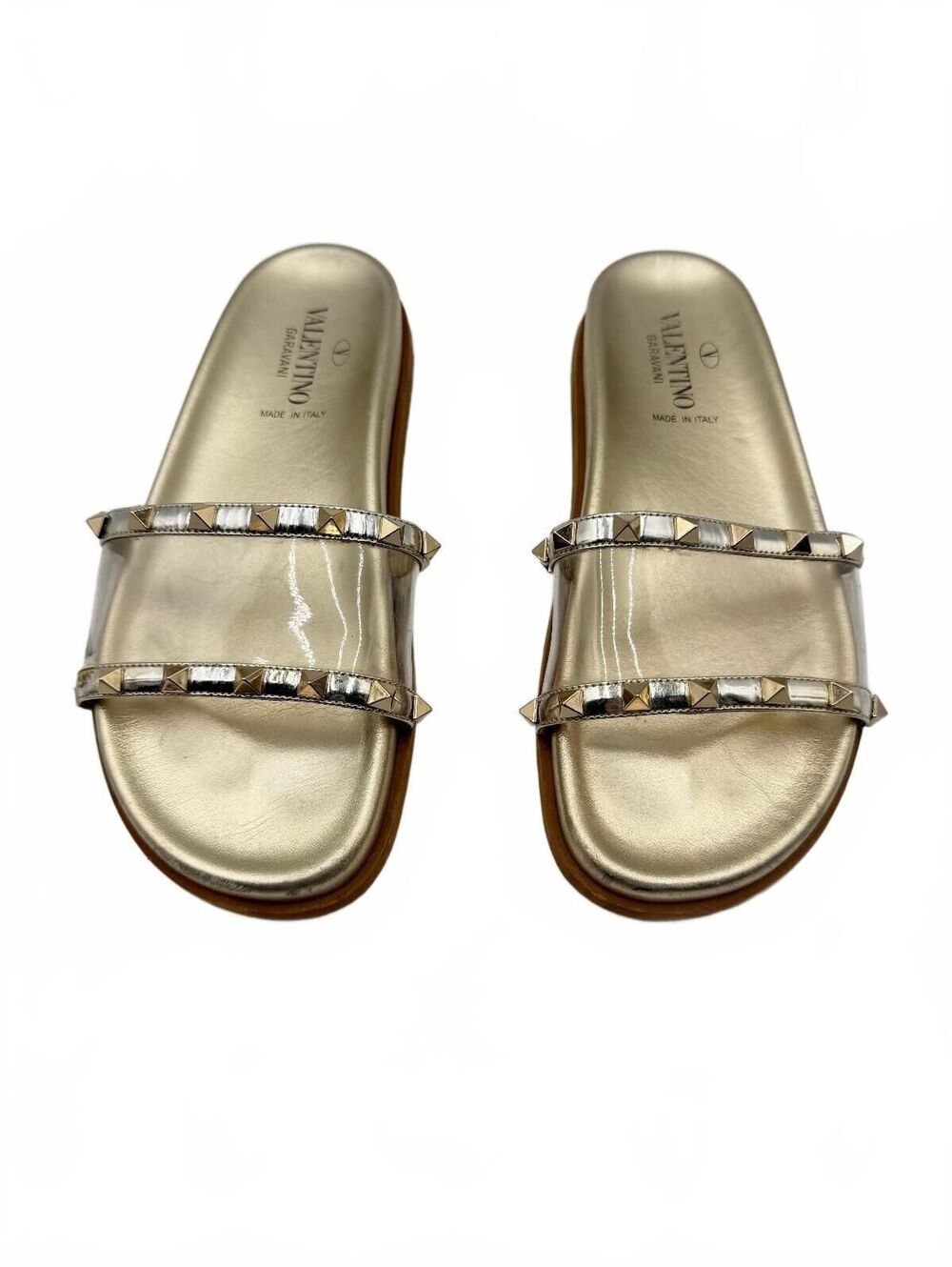 Valentino Garavani Rockstud Transparent PVC Metallic Gold Flat Slide Size 37
